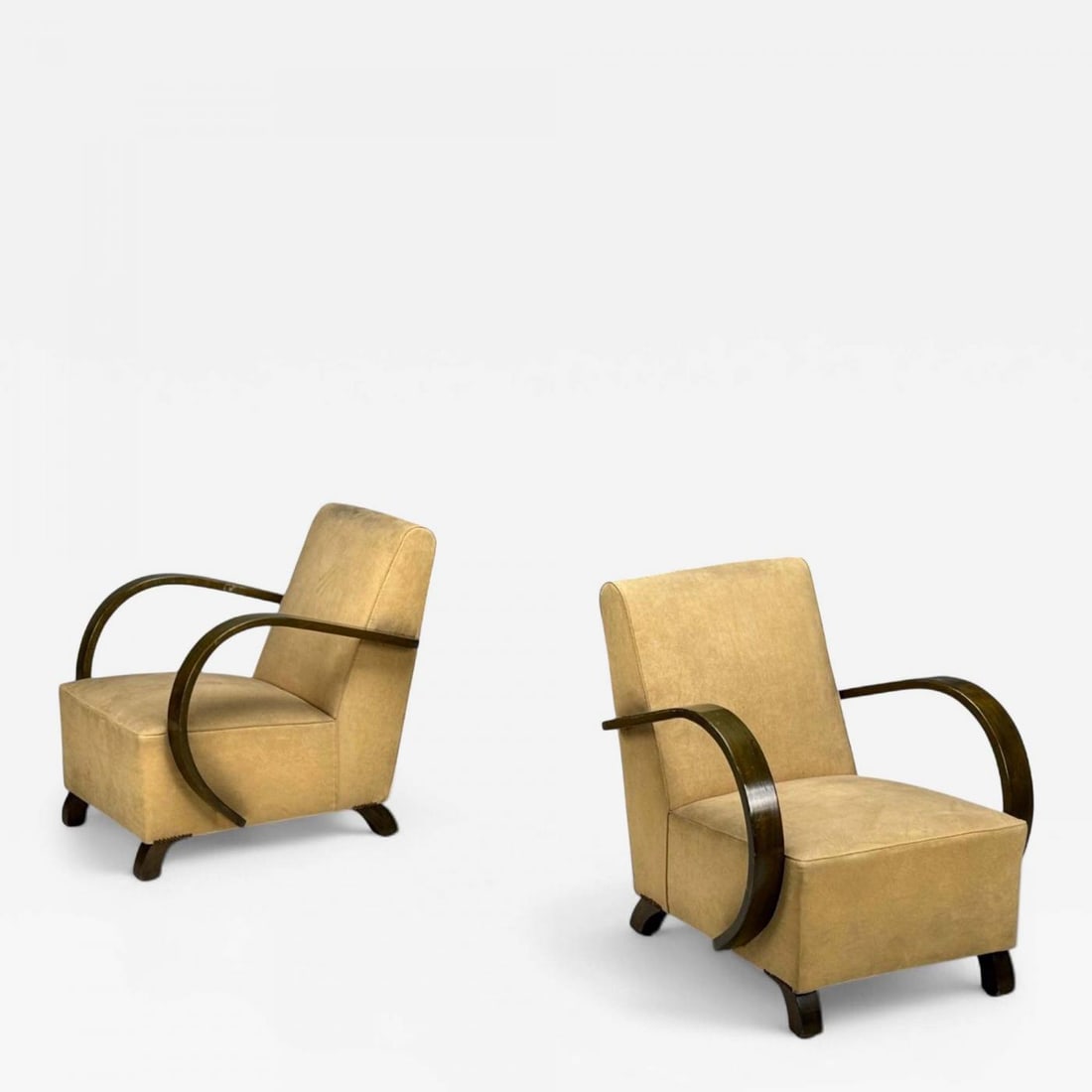 Vittorio Valabrega, Beige Velvet, Bentwood, Lounge Chairs, Italy, 1940s - 2