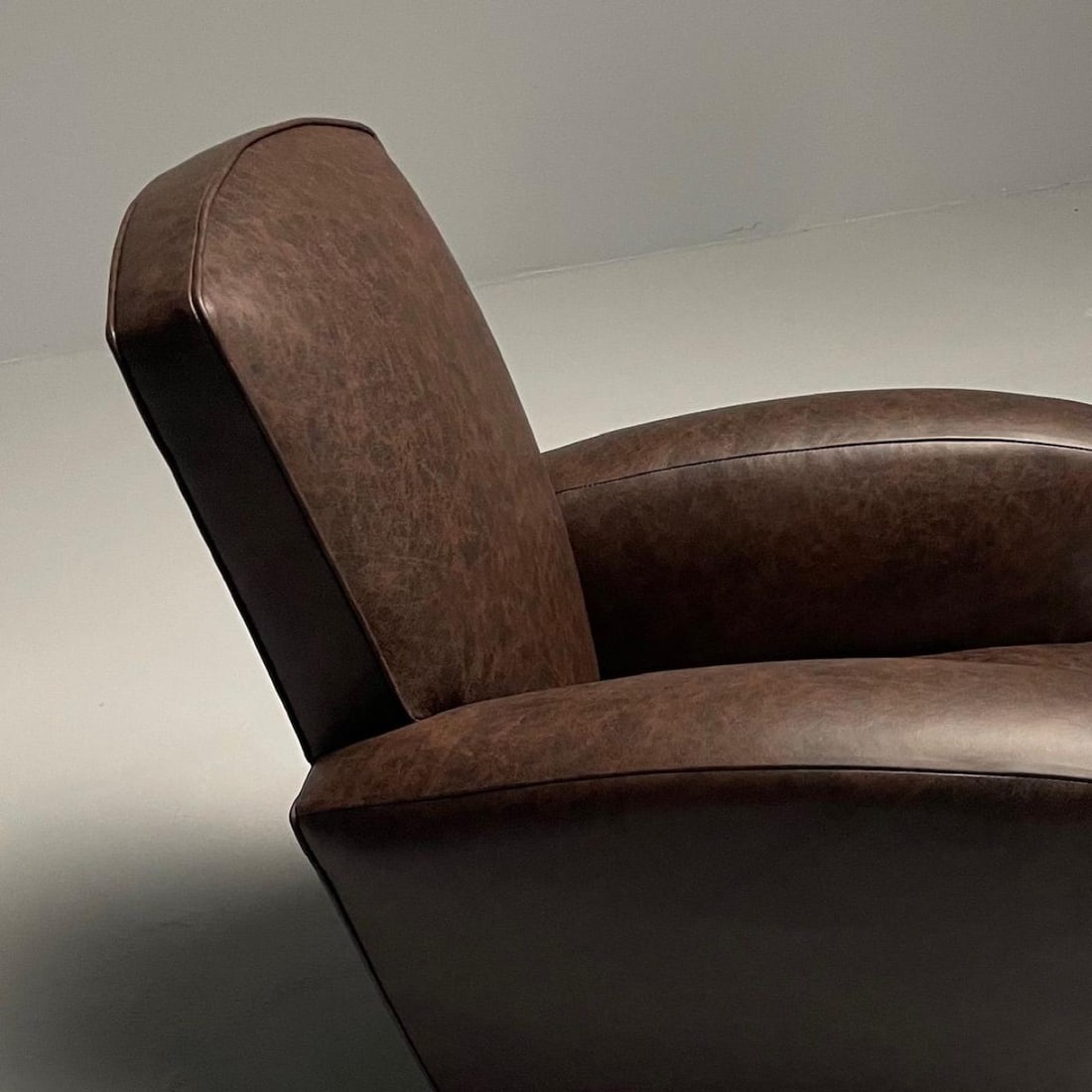 Jacques Adnet Style, French Art Deco Club Chairs, Distressed Leather, Oak, 1930s - 6