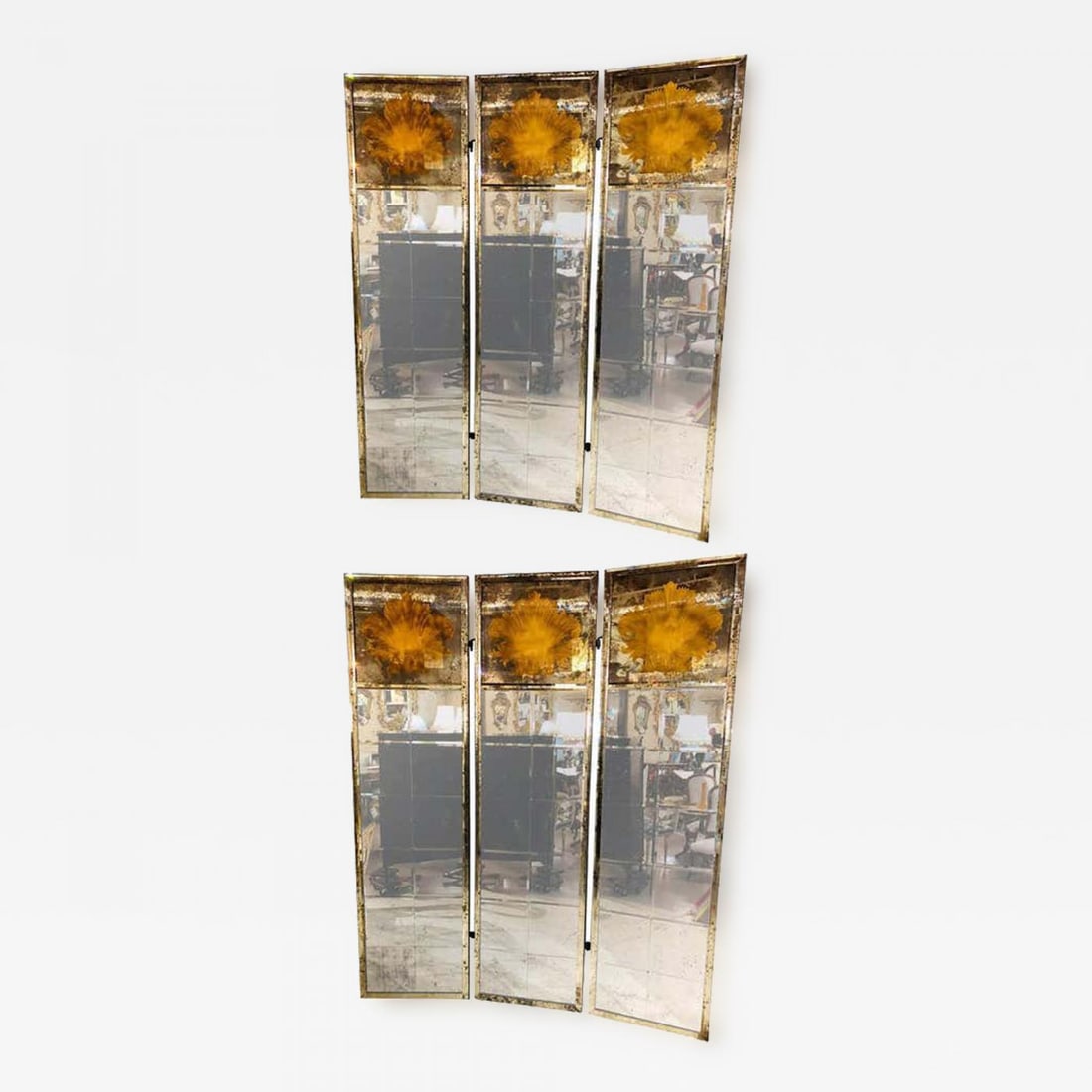 Pair of Art Deco Fashioned Three-Panel Mirrored Room Dividers or Folding Screens (1 of 12)