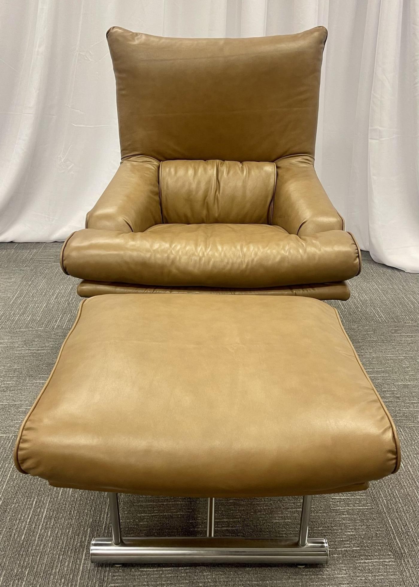 Vintage Leather Swivel, Lounge Chair With Ottoman, Percival Lafer Style, Steel - 3