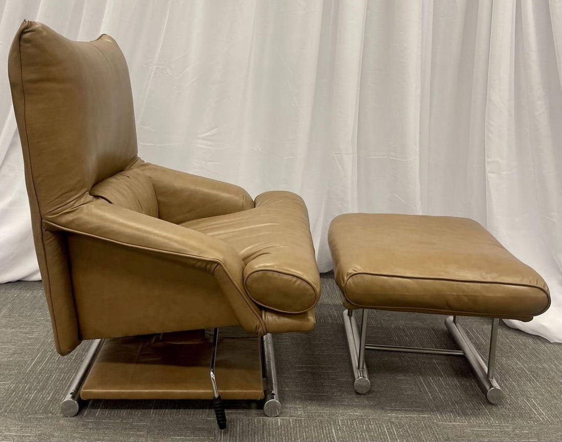 Vintage Leather Swivel, Lounge Chair With Ottoman, Percival Lafer Style, Steel - 5