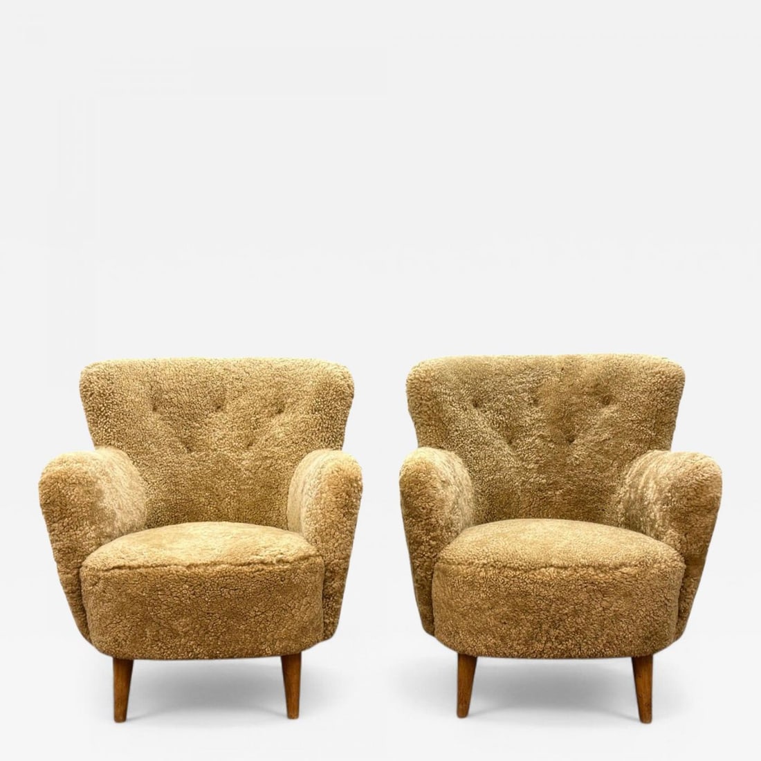 Danish Modern, Honey Sheepskin, Beech, Organic Lounge Chairs, Denmark, 1940s - 2