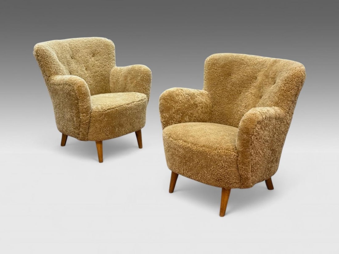 Danish Modern, Honey Sheepskin, Beech, Organic Lounge Chairs, Denmark, 1940s - 3