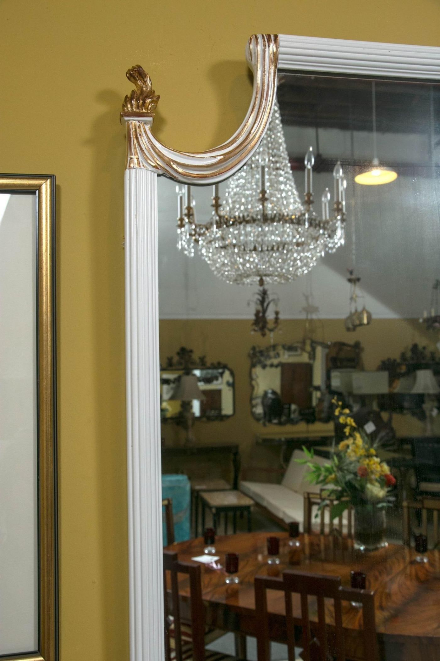 Hollywood Regency White Lacquered Giltwood Wall Console Mirror Paint Decorated - 6