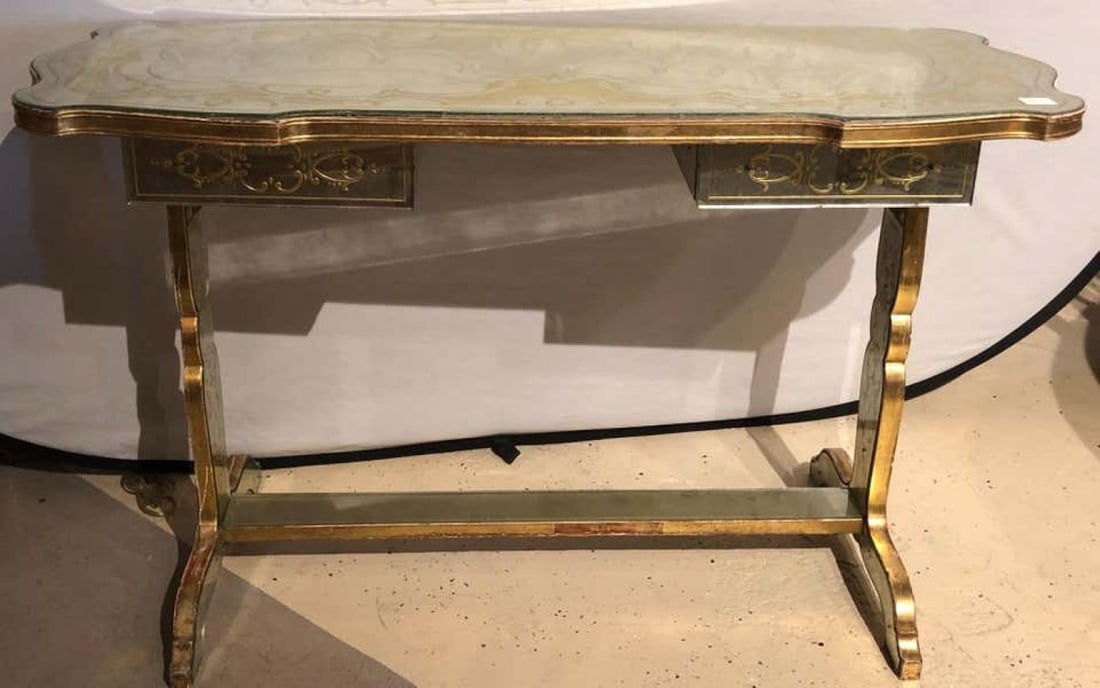 Jansen Fine Eglomise Double Drawer Etched Mirror and Silver Leaf Vanity Desk - 3