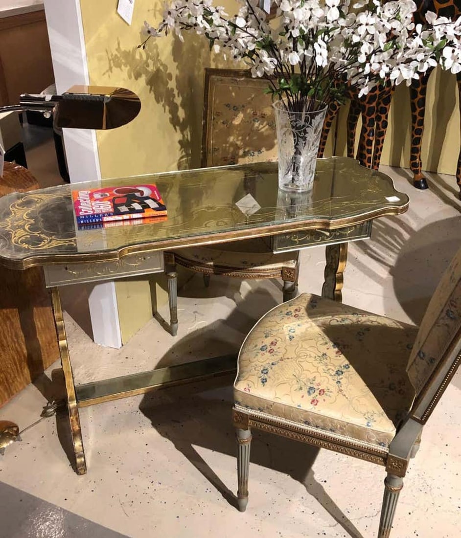 Jansen Fine Eglomise Double Drawer Etched Mirror and Silver Leaf Vanity Desk - 5