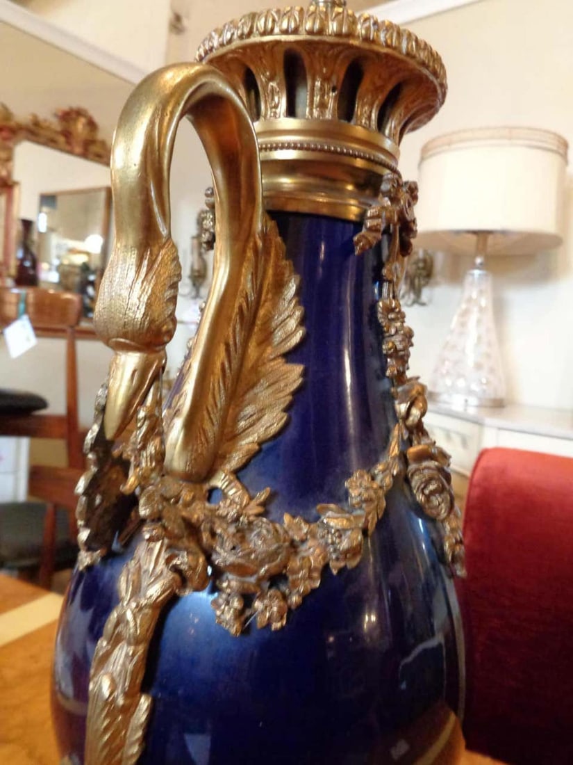 Sevres Style Cobalt Blue Porcelain & Bronze Swan Handle Urn Mounted as a Lamp - 8