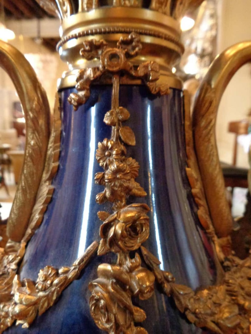 Sevres Style Cobalt Blue Porcelain & Bronze Swan Handle Urn Mounted as a Lamp - 9