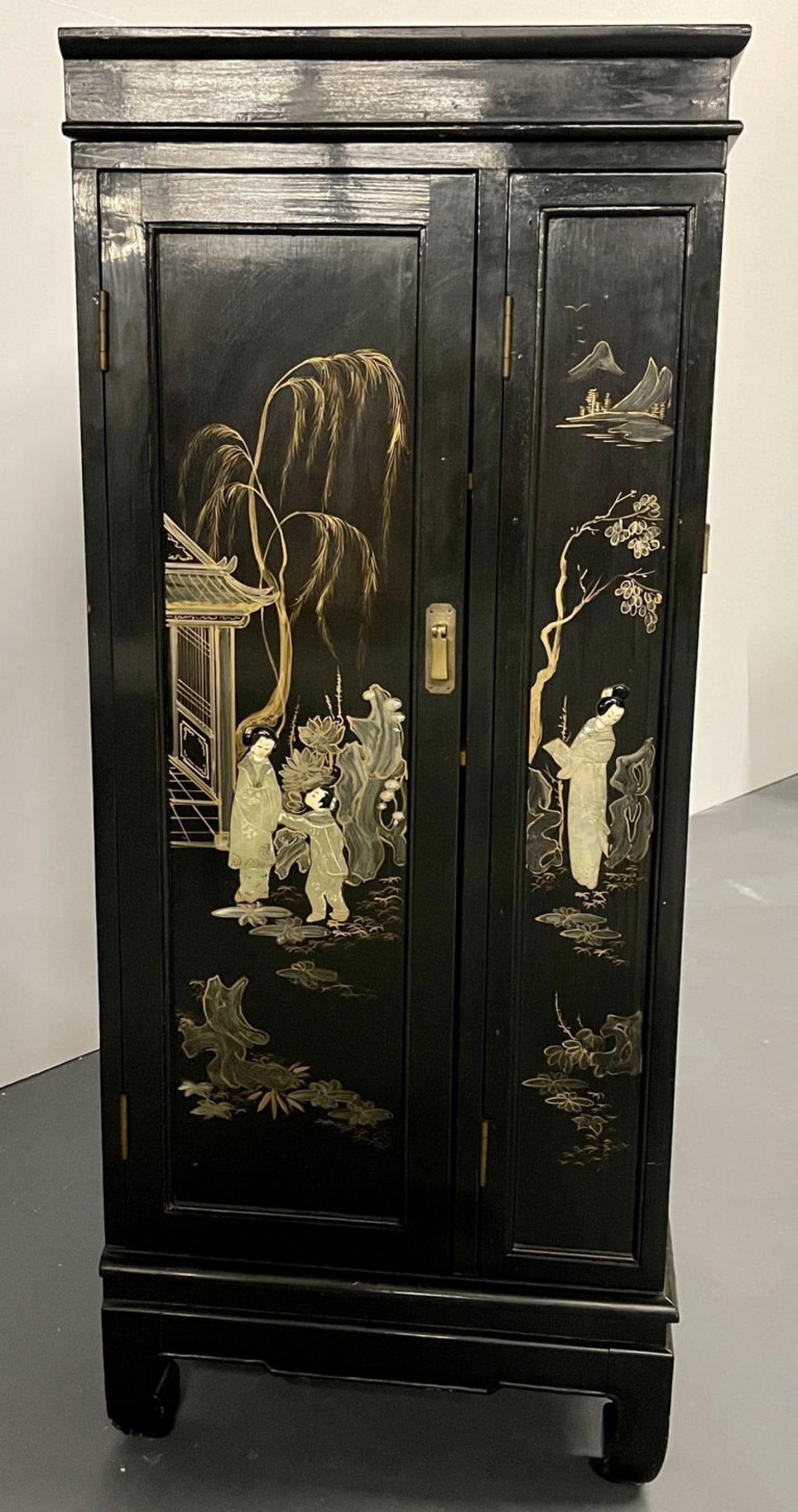 Chinese Export Lacquered Bar, Ebony, Raised Figure Carvings, Chinoiserie - 12