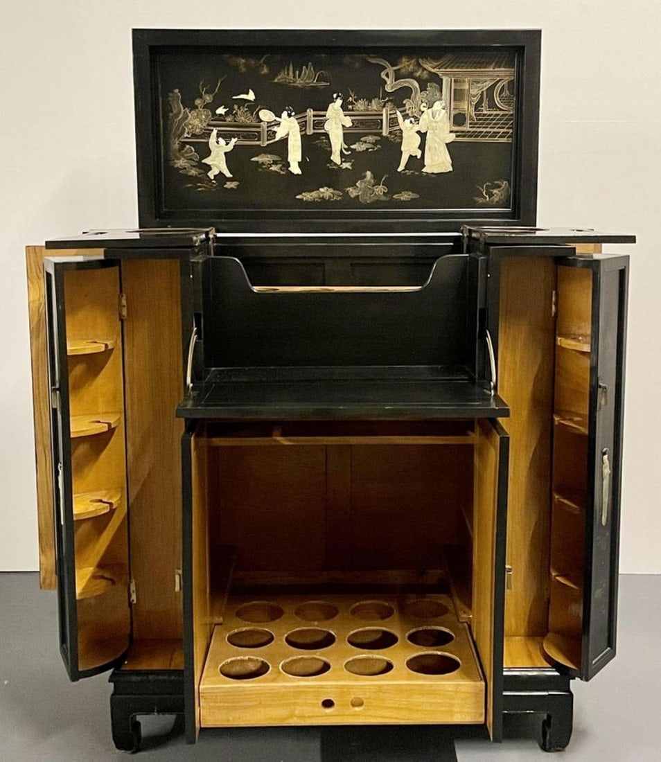 Chinese Export Lacquered Bar, Ebony, Raised Figure Carvings, Chinoiserie - 4