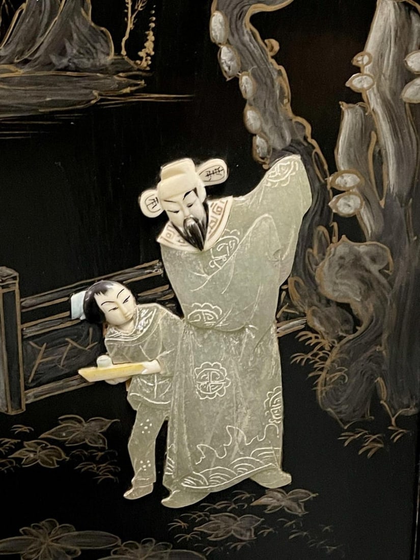 Chinese Export Lacquered Bar, Ebony, Raised Figure Carvings, Chinoiserie - 6