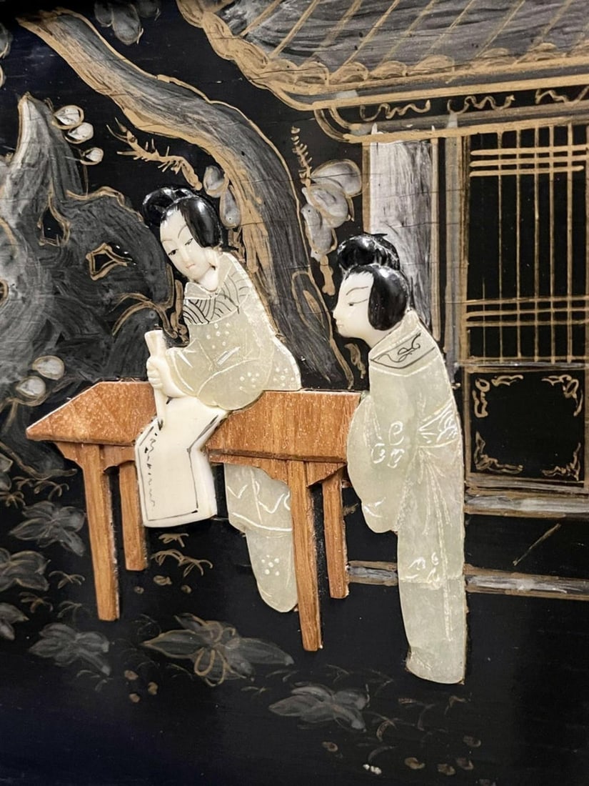 Chinese Export Lacquered Bar, Ebony, Raised Figure Carvings, Chinoiserie - 7