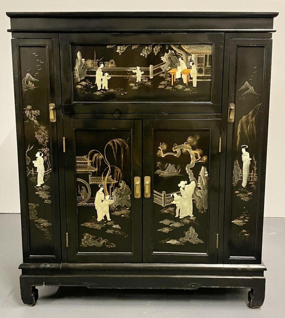 Chinese Export Lacquered Bar, Ebony, Raised Figure Carvings, Chinoiserie - 8