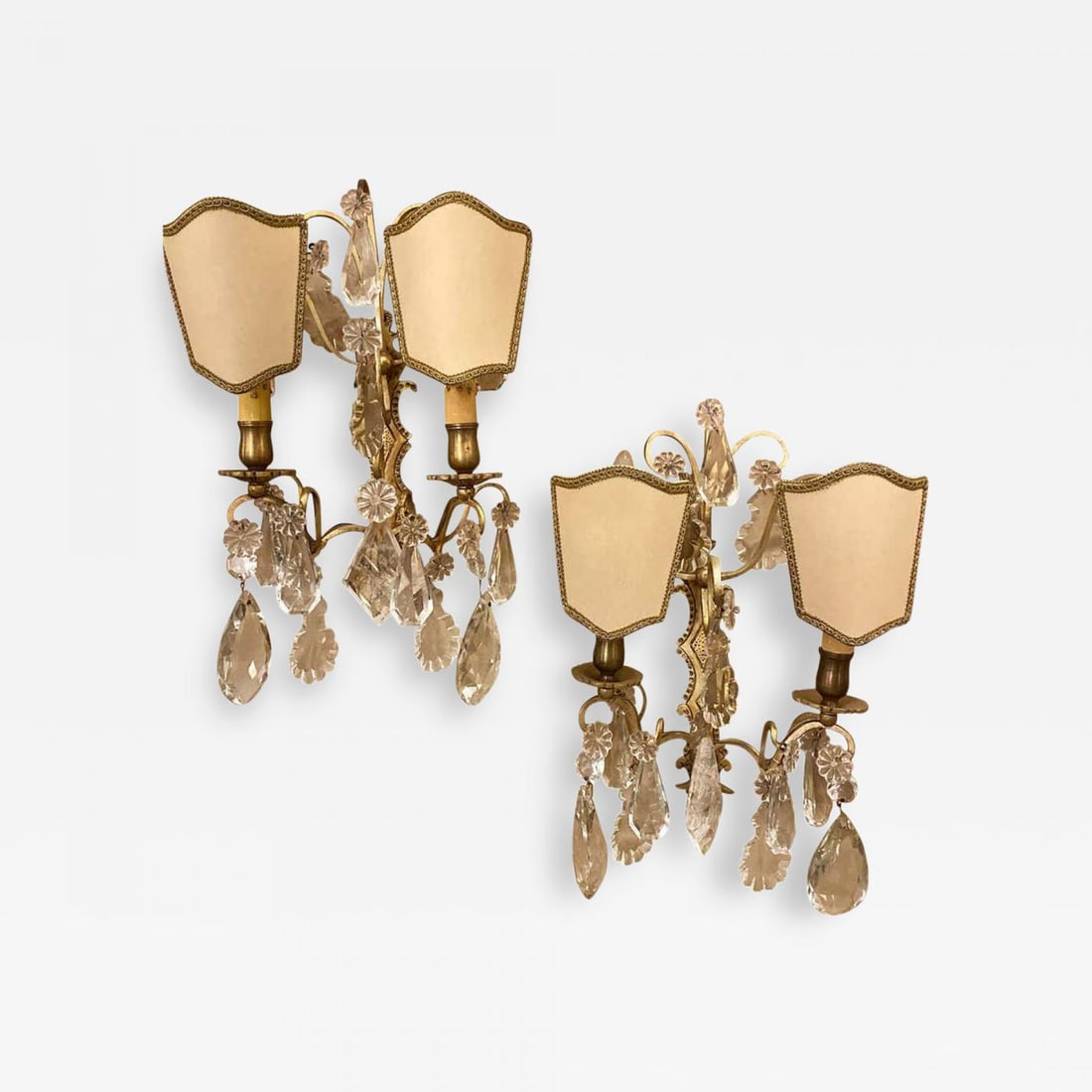 Pair of Two-Light Covered Mixed Crystal and Rock Crystal Bronze Wall Sconces - 2