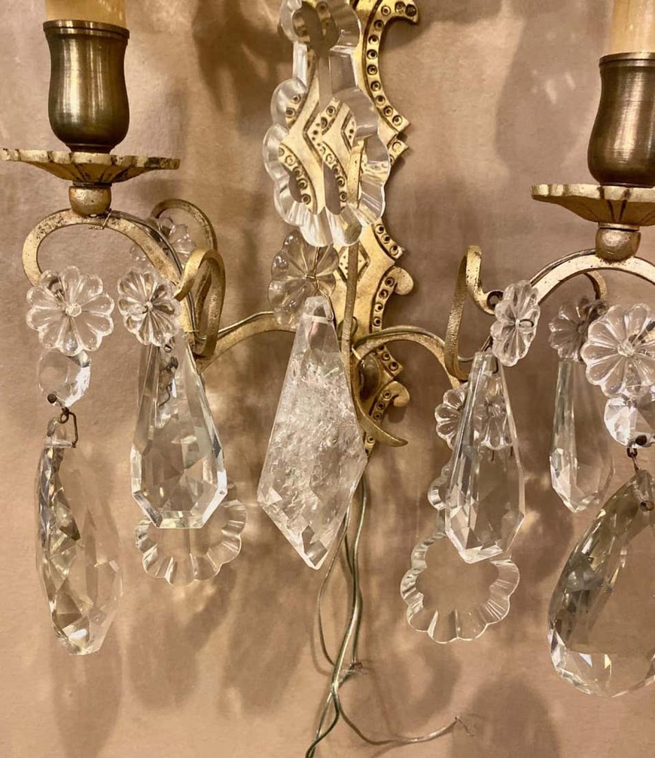 Pair of Two-Light Covered Mixed Crystal and Rock Crystal Bronze Wall Sconces - 3