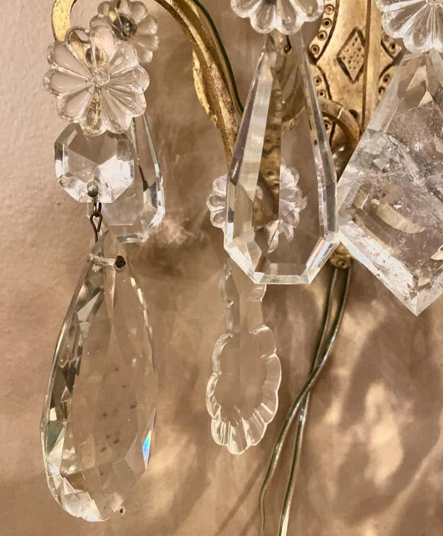 Pair of Two-Light Covered Mixed Crystal and Rock Crystal Bronze Wall Sconces - 4