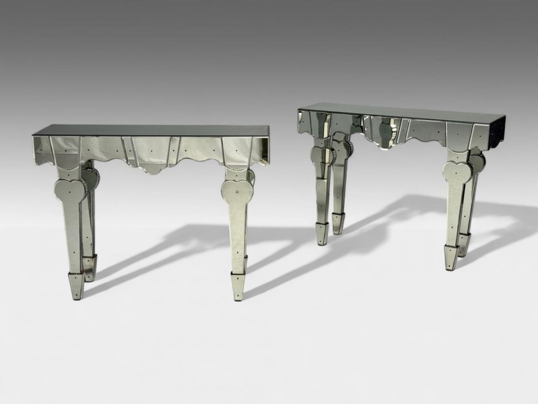 French Art Deco Style, Antique Glass, Painted Wood, Mirrored Console Tables - 4