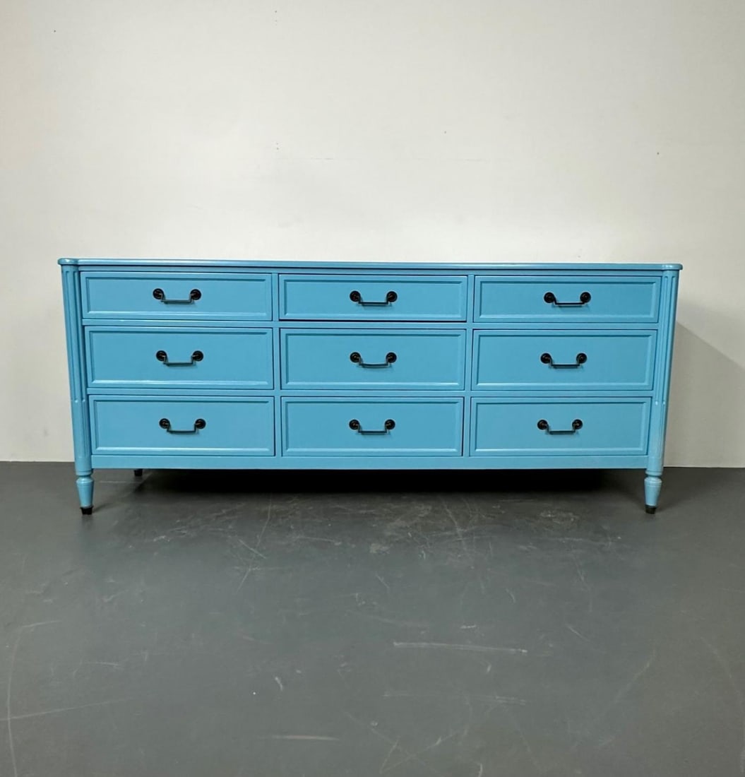 Hollywood Regency Style Dresser / Sideboard, Cerulean Blue Lacquer, Baker - 3