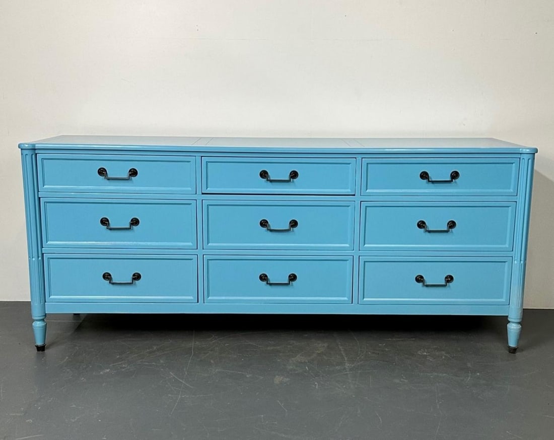 Hollywood Regency Style Dresser / Sideboard, Cerulean Blue Lacquer, Baker - 4