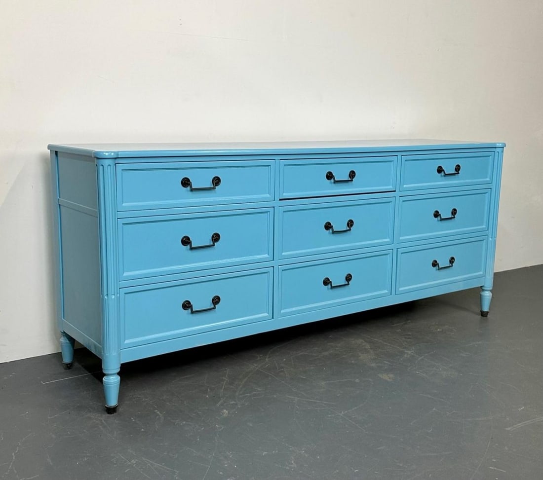 Hollywood Regency Style Dresser / Sideboard, Cerulean Blue Lacquer, Baker - 7