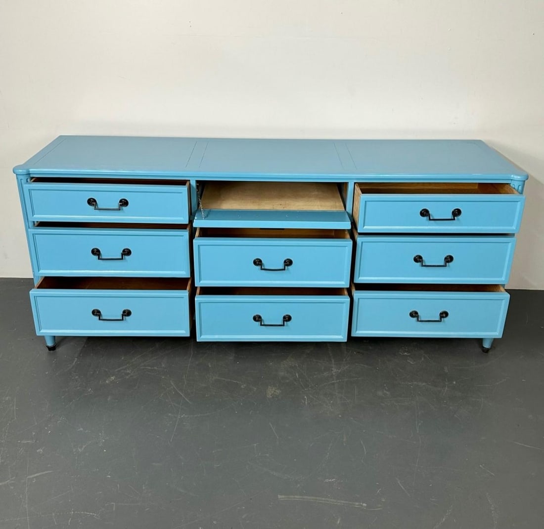 Hollywood Regency Style Dresser / Sideboard, Cerulean Blue Lacquer, Baker - 9
