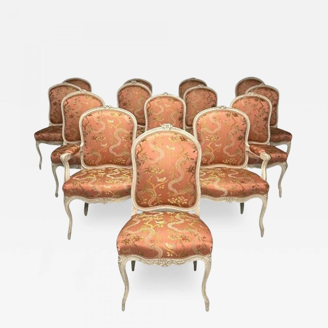 Jean Baptist Cresson, Louis XV, 14 Dining Chairs, France, 18th C., Christies: Title: Jean Baptist Cresson, Louis XV, 14 Dining Chairs, France, 18th C., Christies Description: 14 Louis XV Dining Chairs by Jean Baptist Cresson, 18th Century, France, Painted, Scalamandre Upholster