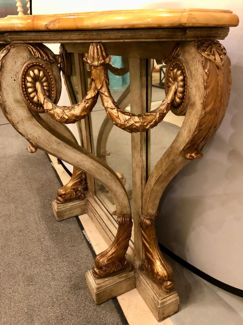 Neoclassical Style Marble-Top Bowed Table Mirrored Back Gilded Dolphin Accents - 10