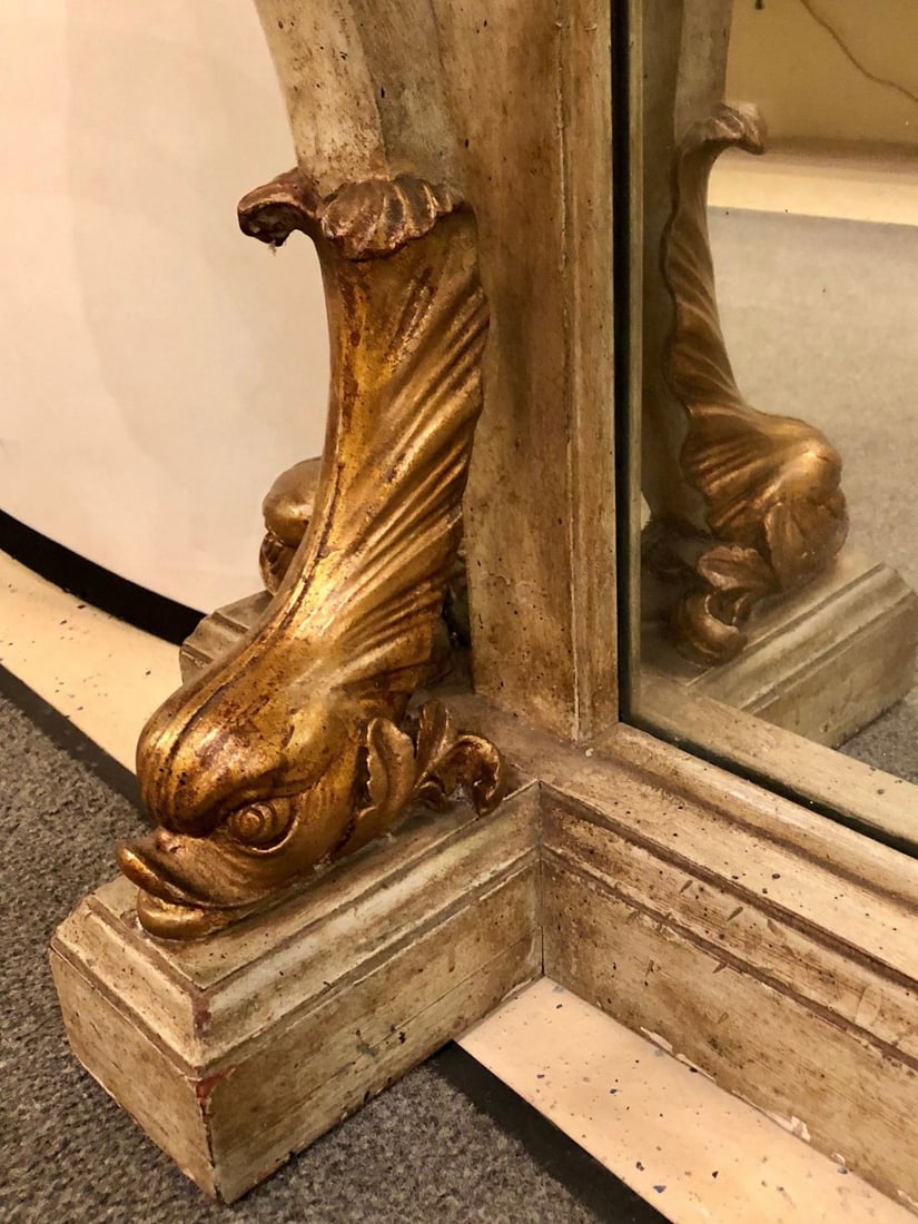Neoclassical Style Marble-Top Bowed Table Mirrored Back Gilded Dolphin Accents - 7