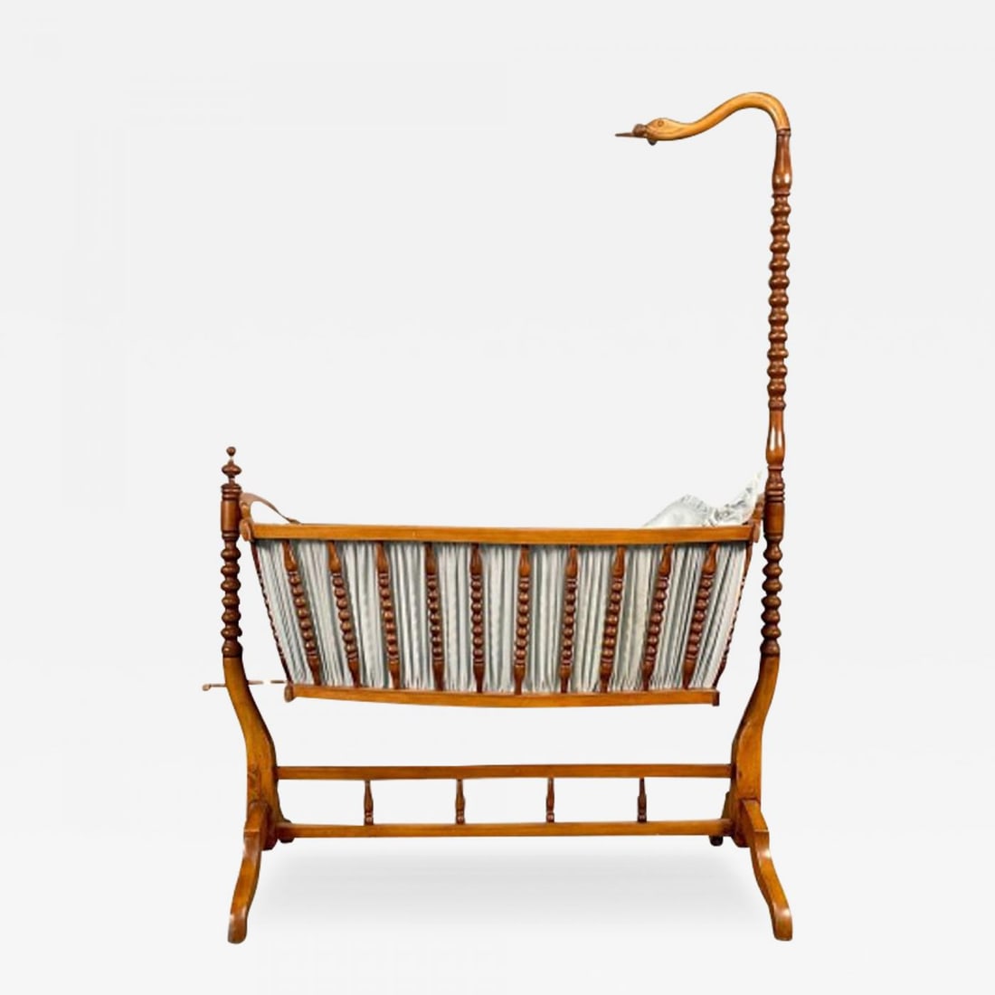 French Spindled 19th Century Walnut Decorative Cradle, Swan Motif - 2