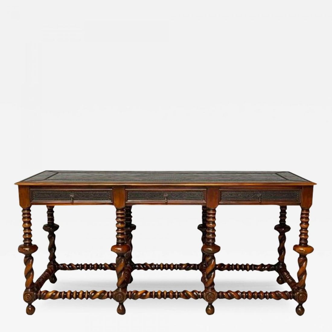 Baroque, Barley Twist Console, Turned Wood, Gray Etched Metal, USA, 2000s (1 of 12)