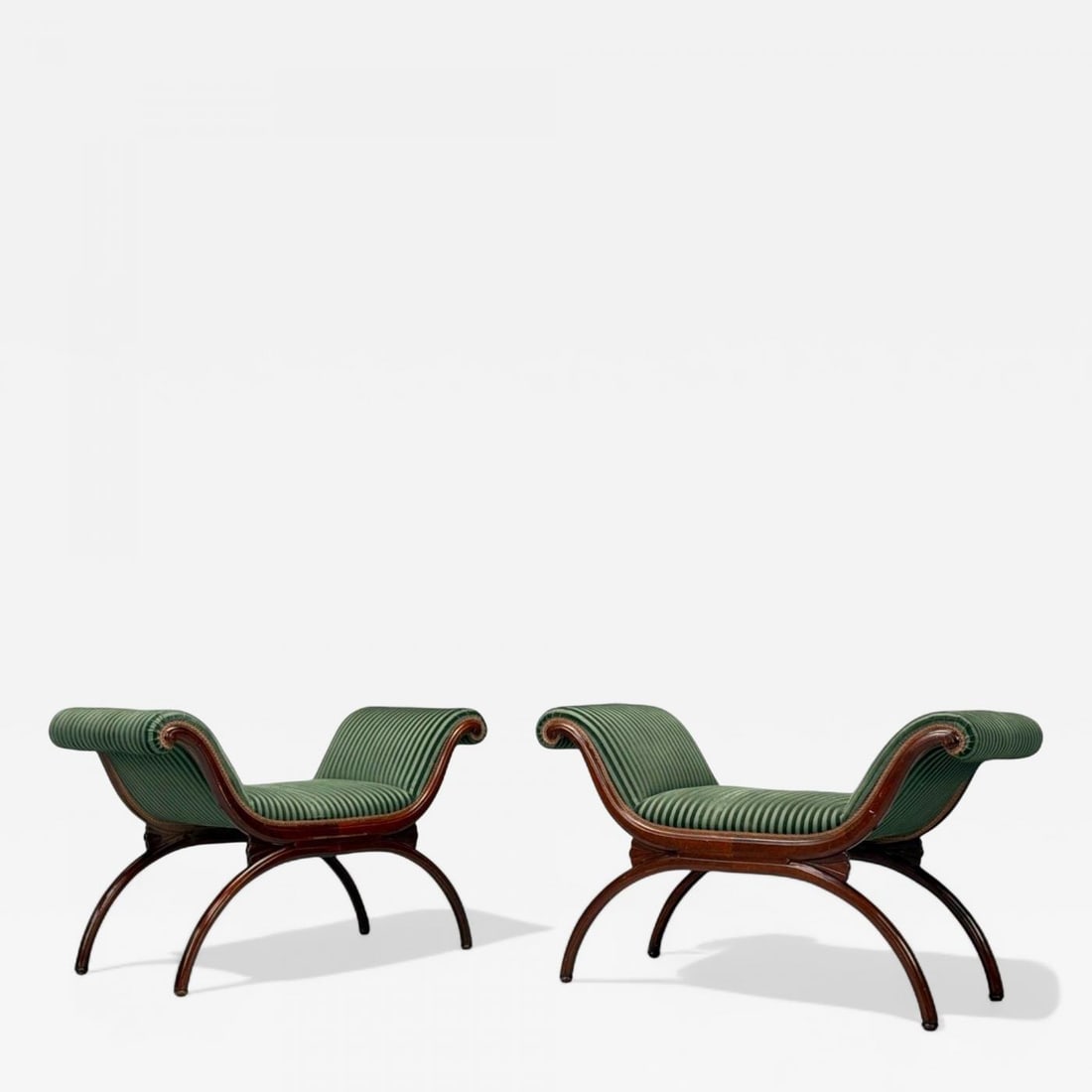 Hollywood Regency Style, Stained Wood, Green Fabric, Benches, USA, 1980s: Title: Hollywood Regency Style, Stained Wood, Green Fabric, Benches, USA, 1980s Description: Hollywood Regency Style, Stained Wood, Green Fabric, Benches, USA, 1980s Pair of rolled arm dark