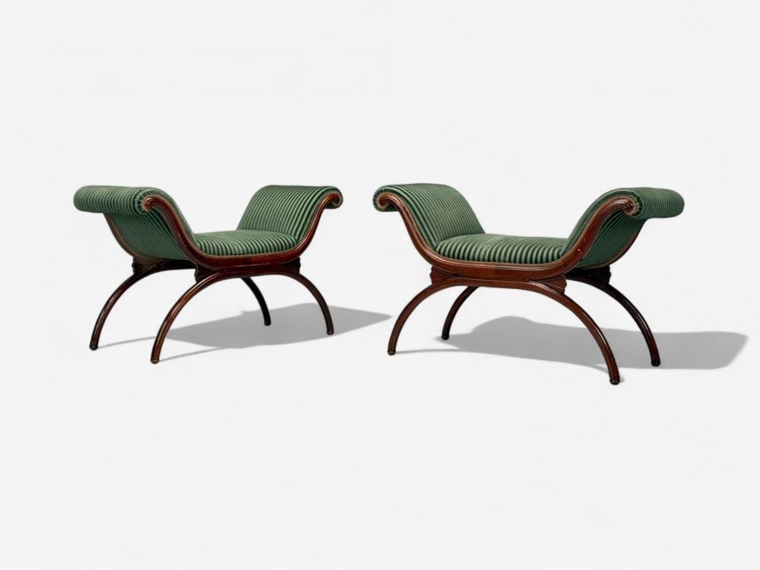 Hollywood Regency Style, Stained Wood, Green Fabric, Benches, USA, 1980s - 3