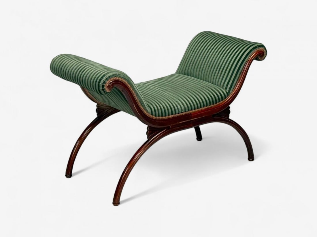 Hollywood Regency Style, Stained Wood, Green Fabric, Benches, USA, 1980s - 4