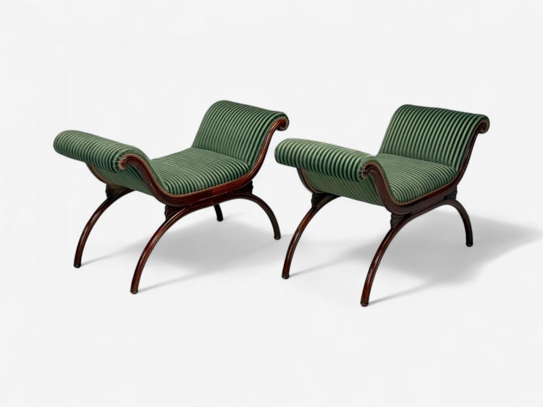 Hollywood Regency Style, Stained Wood, Green Fabric, Benches, USA, 1980s - 7