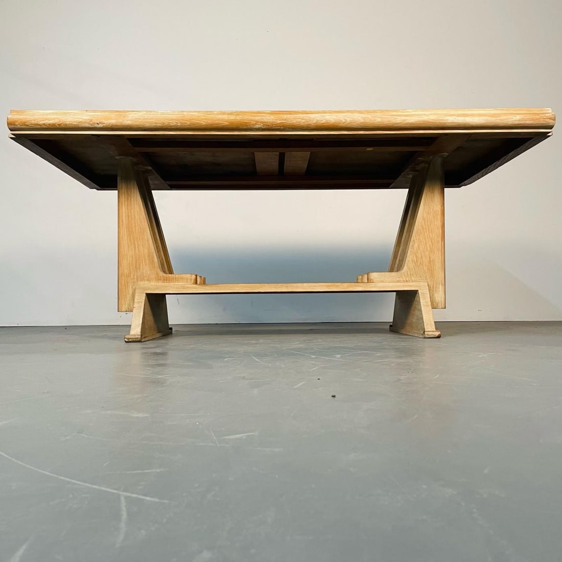 French Mid-Century Modern Style Dining / Kitchen Table, Farmhouse, Trestle Base - 11