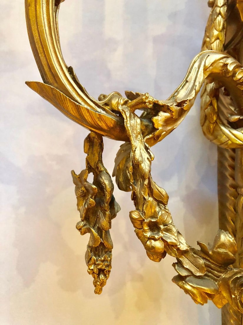 Pair of French Louis XVI Style Dore Bronze Sconces with Foundry Name - 11