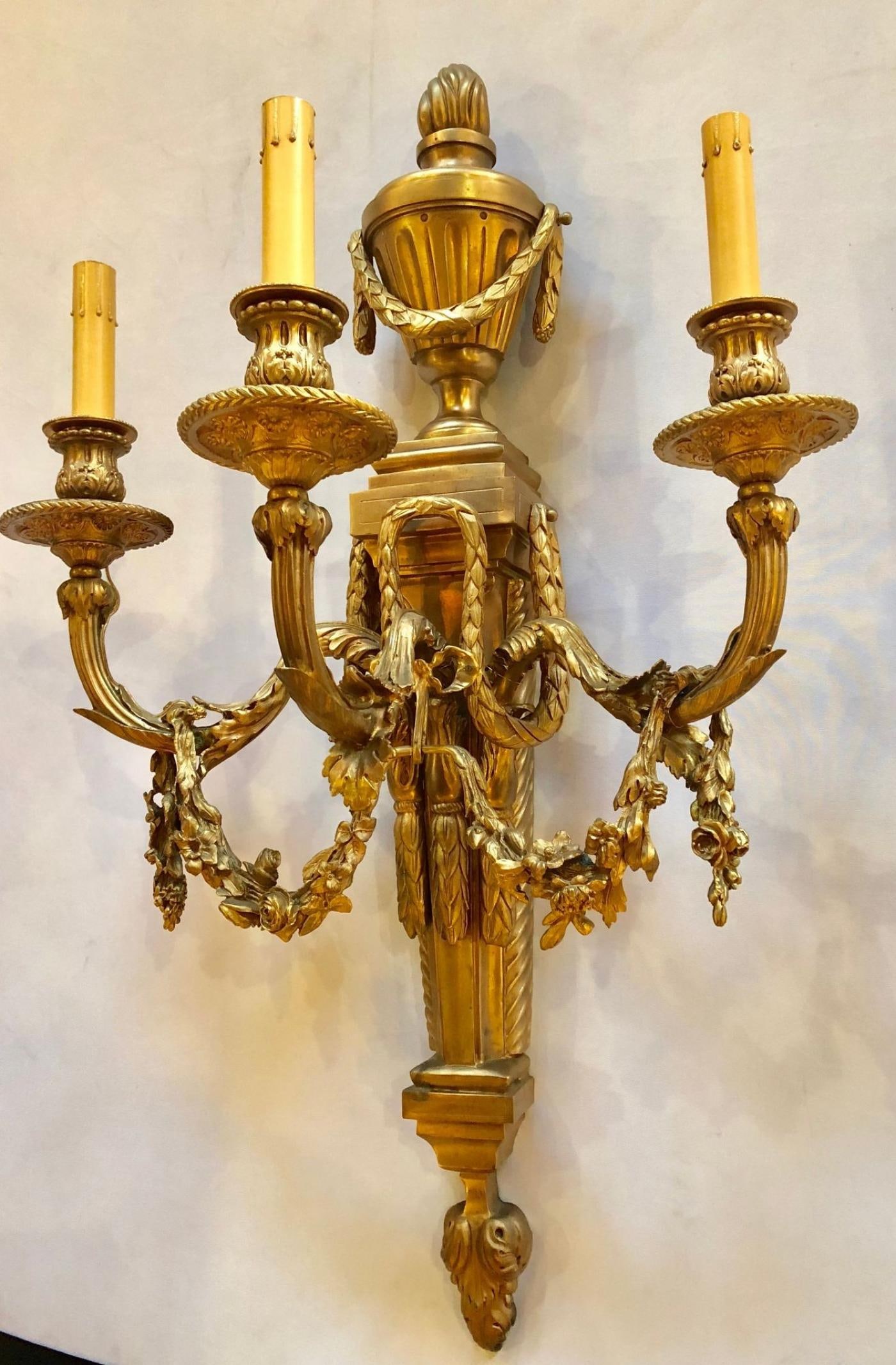 Pair of French Louis XVI Style Dore Bronze Sconces with Foundry Name - 4