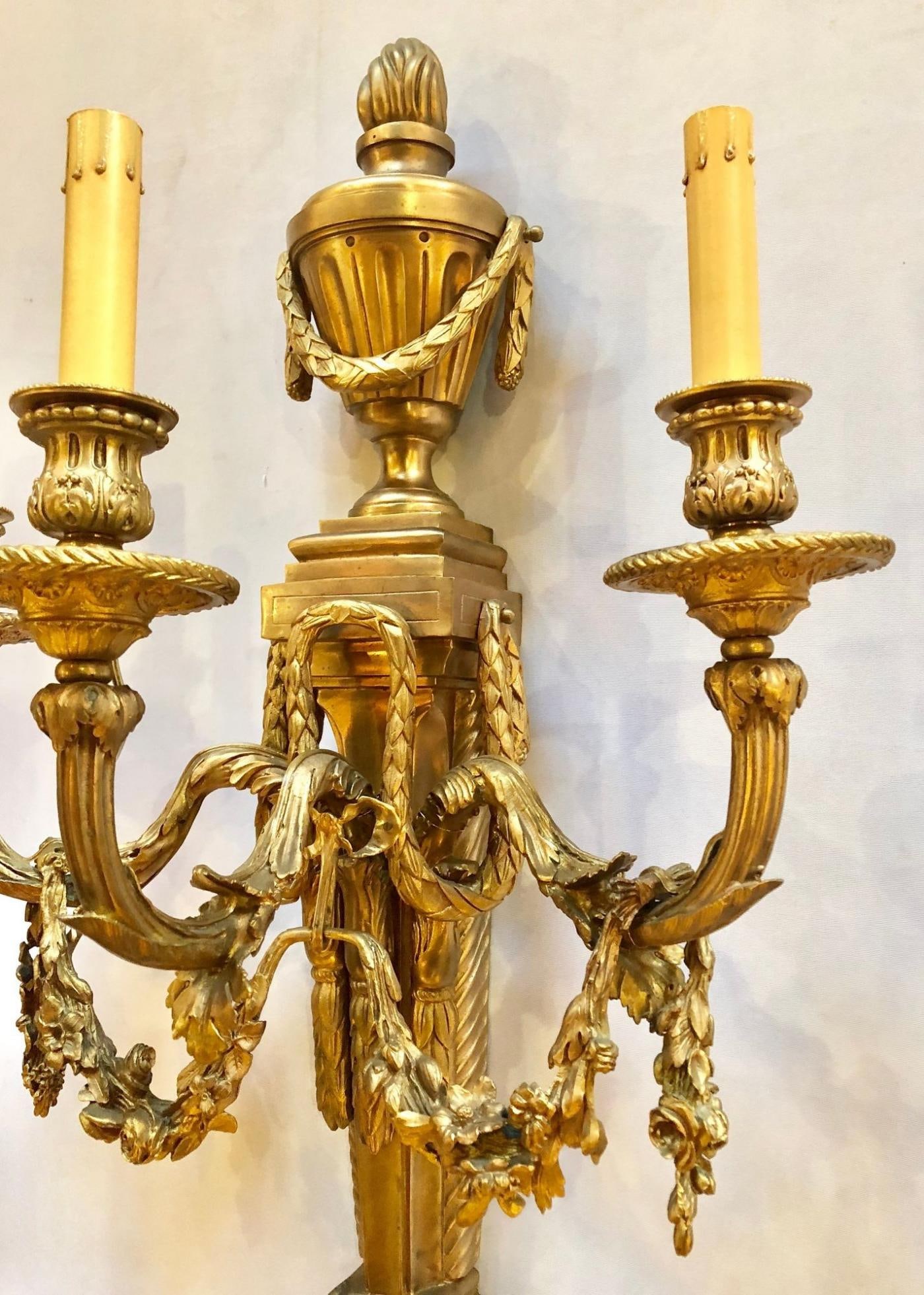 Pair of French Louis XVI Style Dore Bronze Sconces with Foundry Name - 5