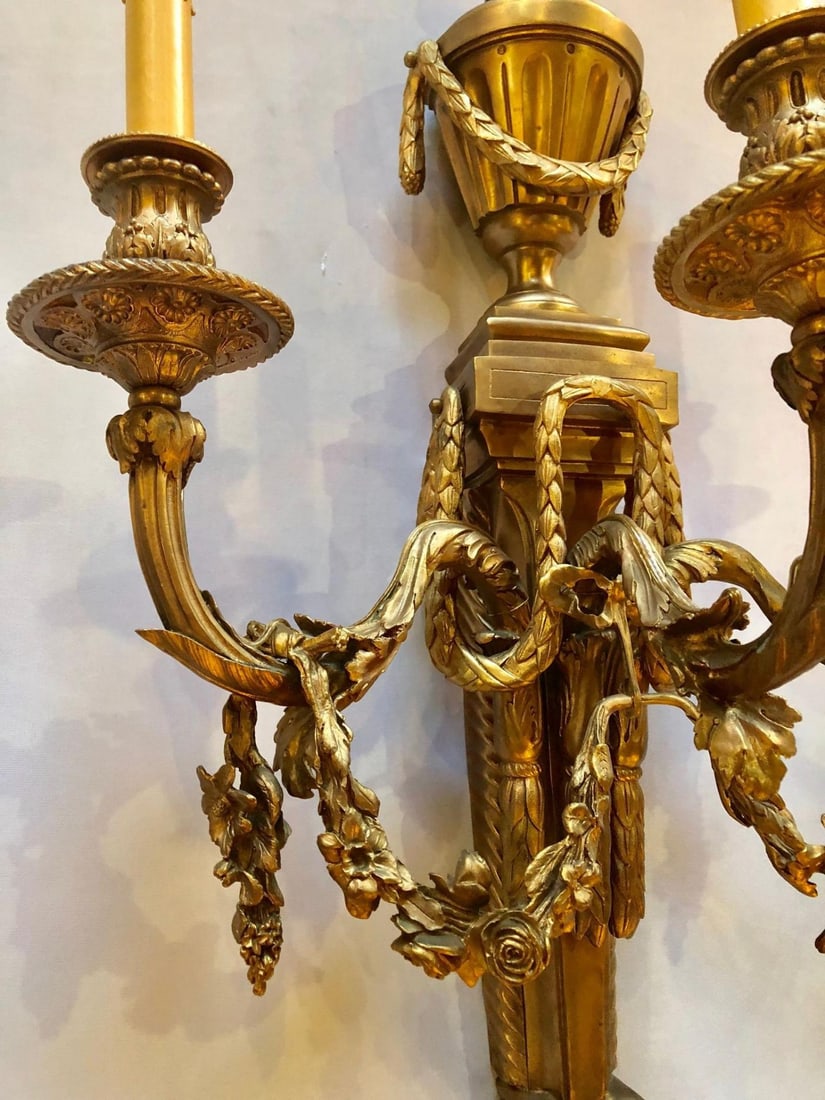 Pair of French Louis XVI Style Dore Bronze Sconces with Foundry Name - 8