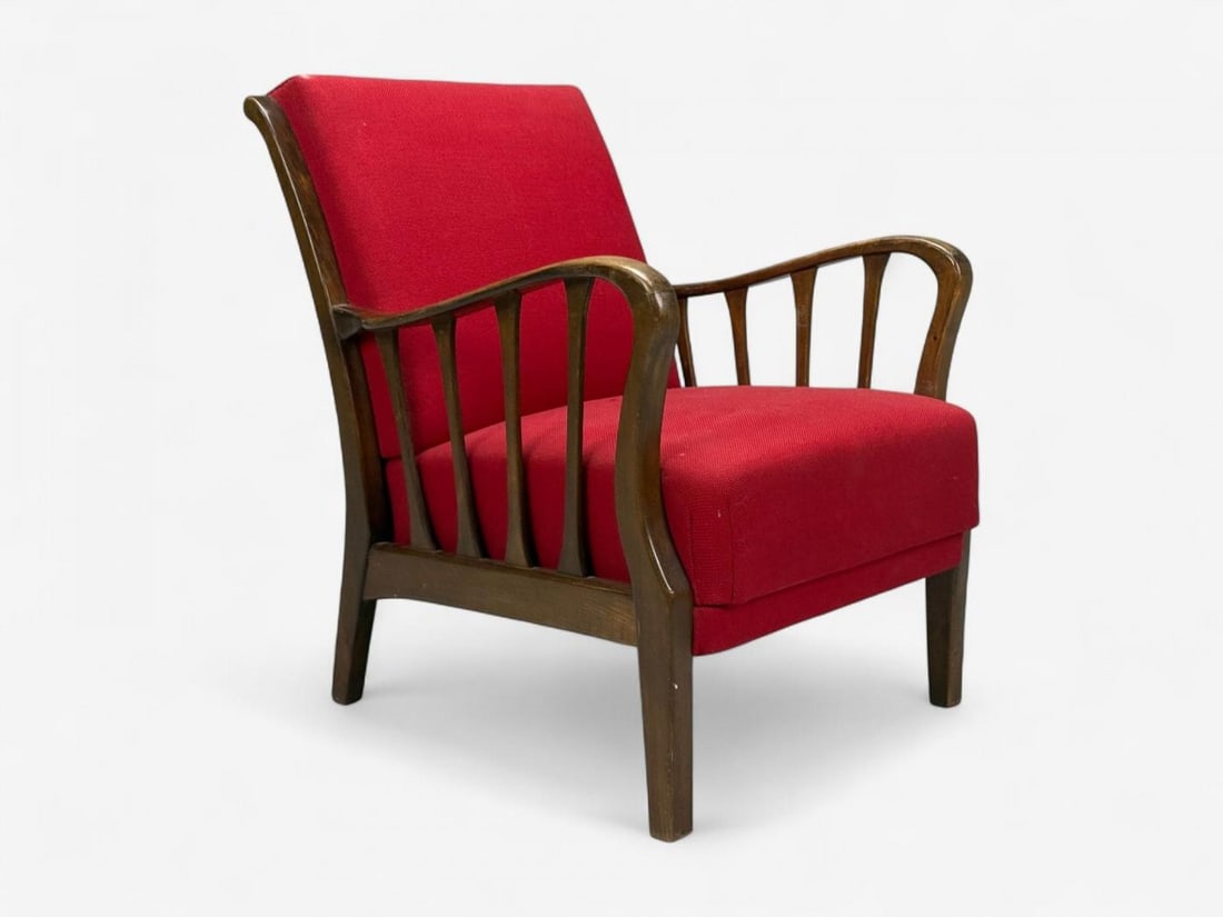 Josef Frank Attribution, Red Fabric, Wood, Lounge Chair, Denmark, 1950s - 11