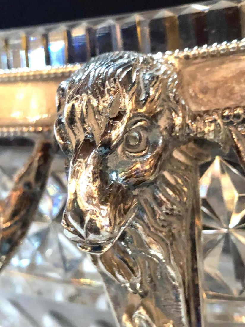 George III Style Silver Plated Oval Center Bowl with Cut Glass Liner - 11