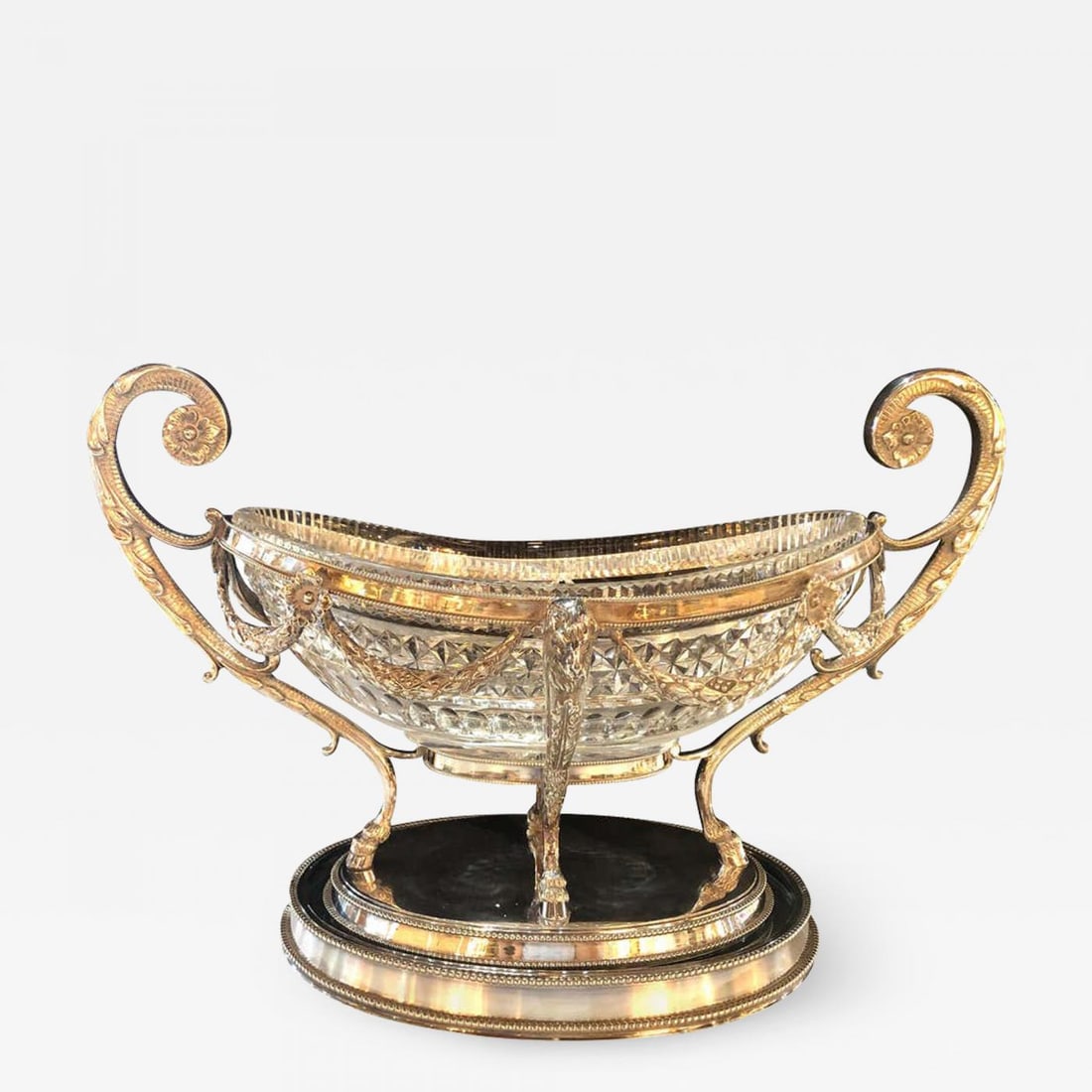 George III Style Silver Plated Oval Center Bowl with Cut Glass Liner (1 of 12)