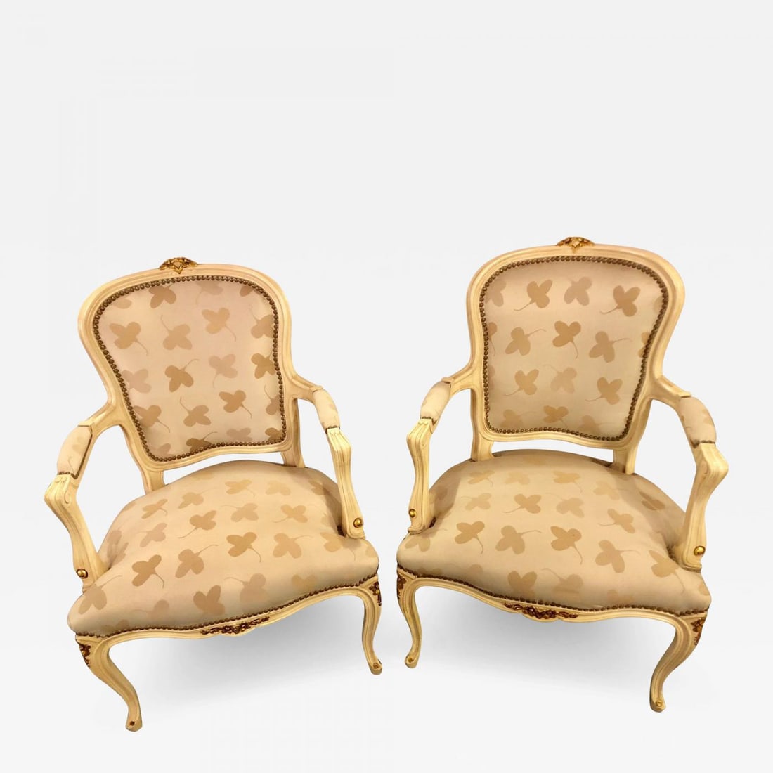 Pair of French Louis XV Style Parcel-Gilt and Paint Decorated Bergere Chairs - 2