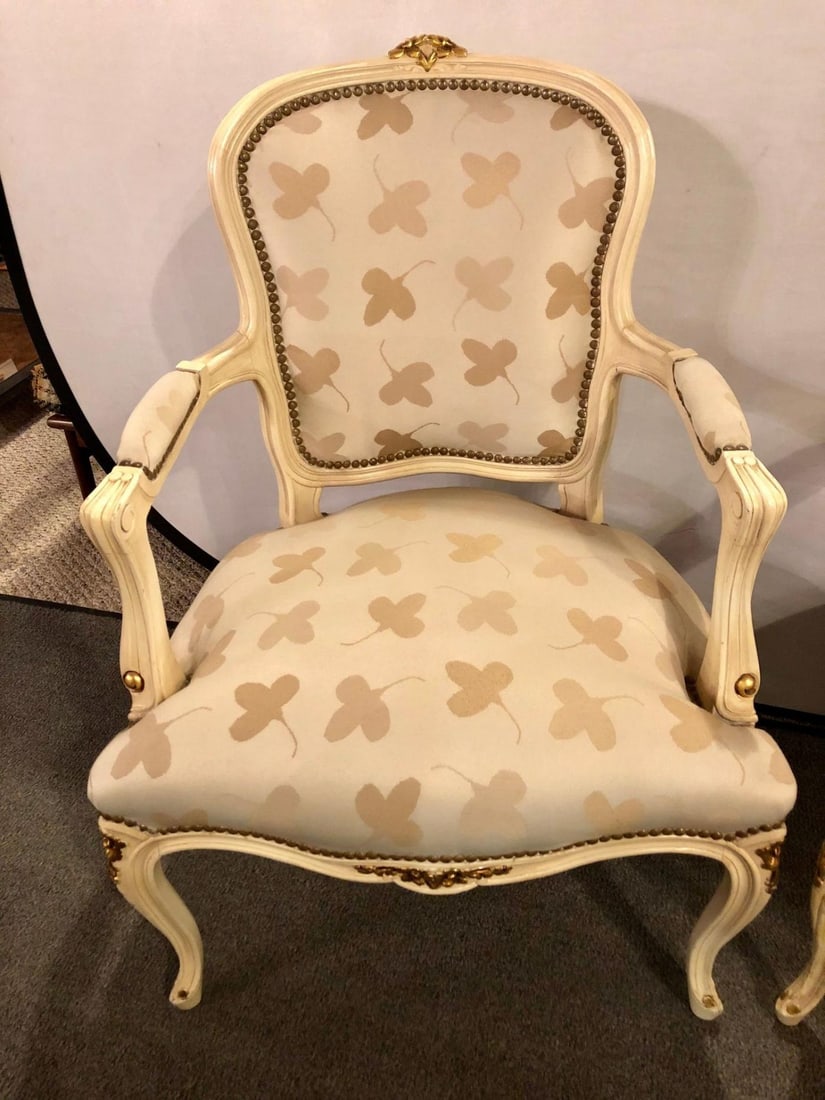 Pair of French Louis XV Style Parcel-Gilt and Paint Decorated Bergere Chairs - 3
