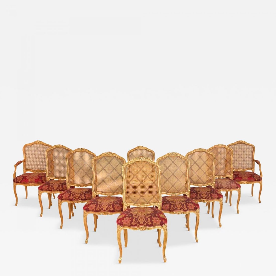 Set of Ten Louis XV Style Dining / Side Chairs, Clayed Gilt and Cane, French (1 of 12)