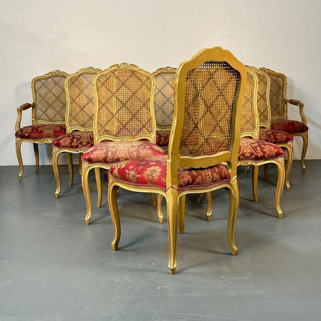 Set of Ten Louis XV Style Dining / Side Chairs, Clayed Gilt and Cane, French - 4