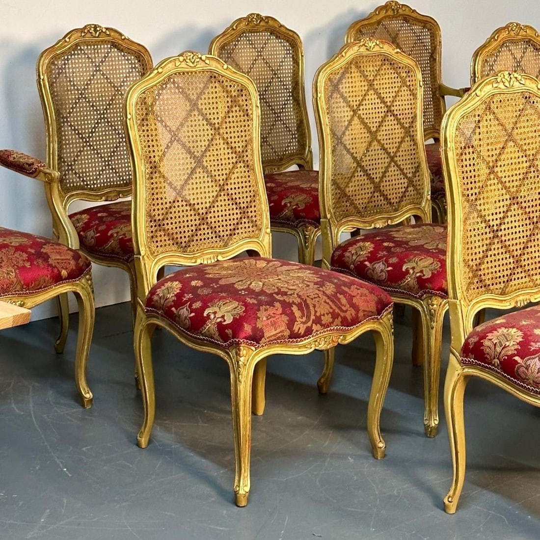 Set of Ten Louis XV Style Dining / Side Chairs, Clayed Gilt and Cane, French - 7