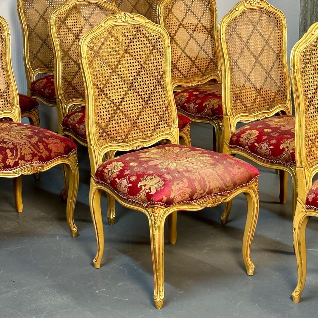Set of Ten Louis XV Style Dining / Side Chairs, Clayed Gilt and Cane, French - 8
