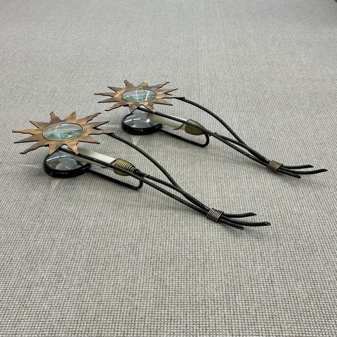 French Mid-Century Modern, Wall Sconces, Sunburst Motif, Brass, France, 1960s - 5