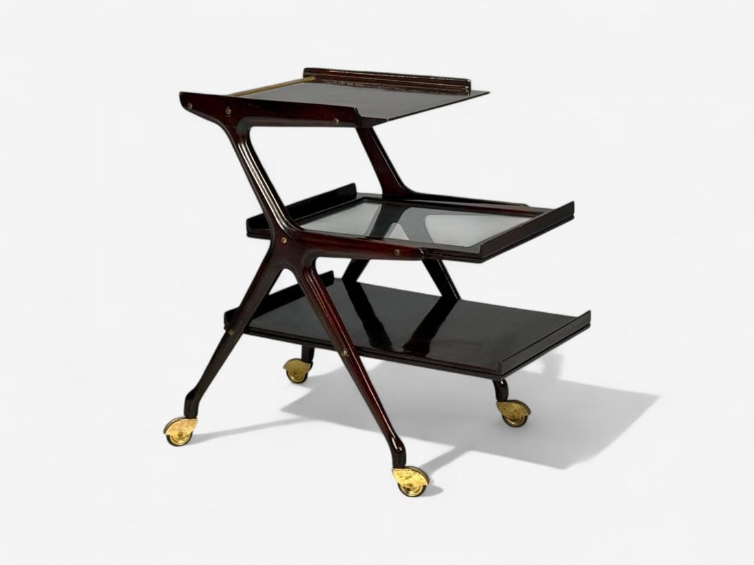 Ico Parisi Style, Italian Modern, Wood, Brass, Glass, Bar Cart, Italy, 1950s - 3